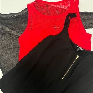 Express Women's Bundle of Red Lace sleeveless, long sleeve V neck and Black Top